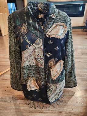 Patchwork Fringe Detail Blazer in Green and Black
